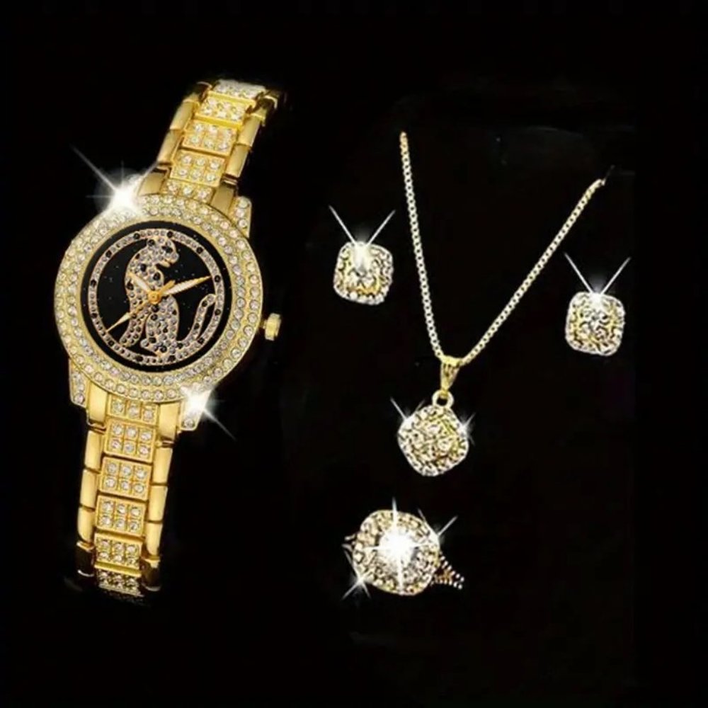 GOLD WATCH NECKLACE AND EARRINGS SET